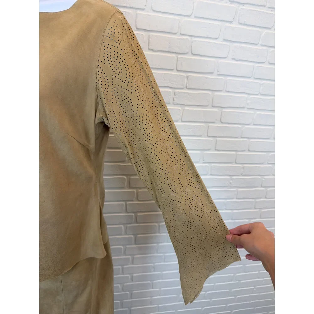 Vintage Chester Suede Set Tan Perforated Western Top & Flared Skirt M/S